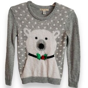Love By Design Holiday Polar Bear Sweater Quirky Gray White Crew Neck Size XS